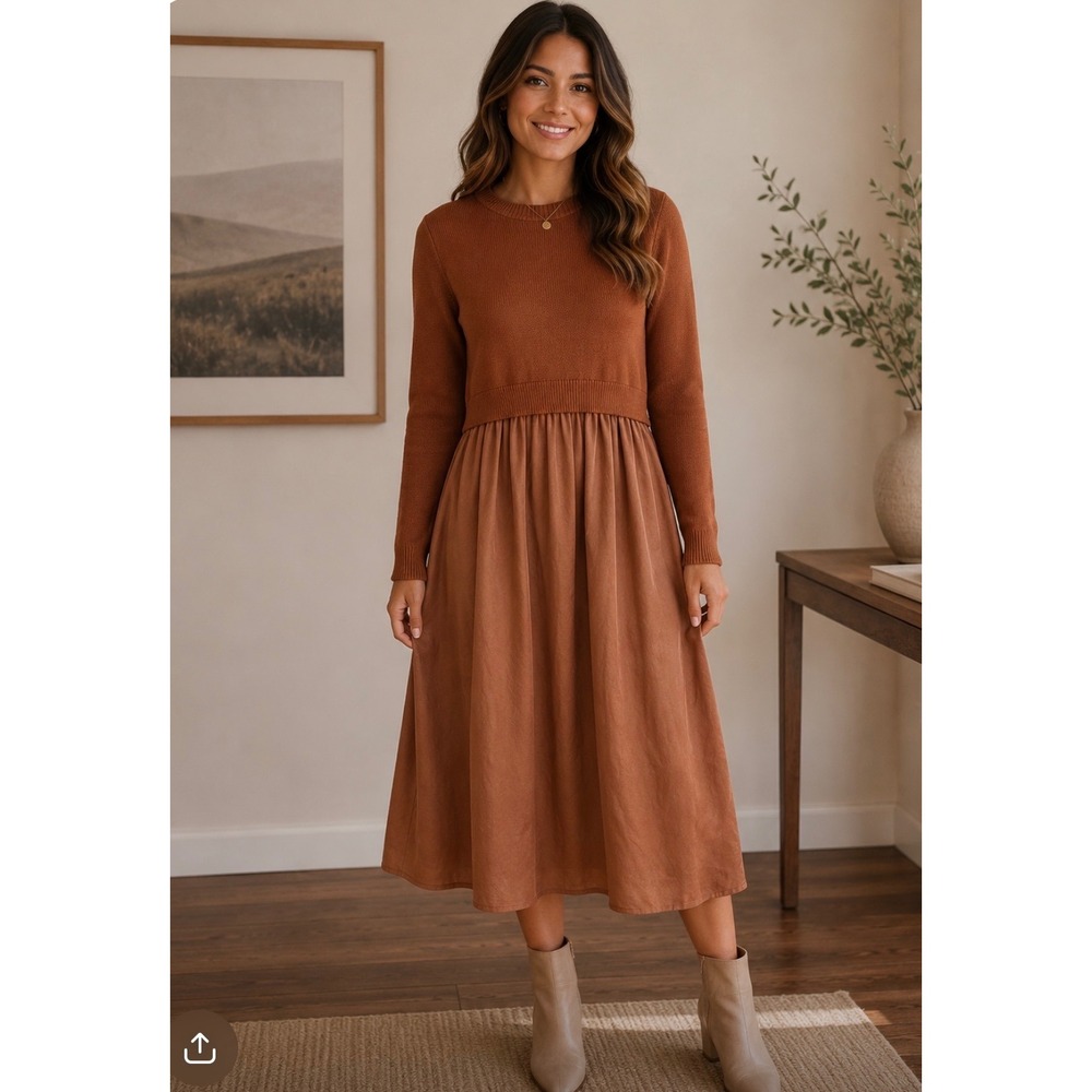 NWOT Doe and Rae Rust Brown Knit Sweater Mixed Media Midi Dress Large